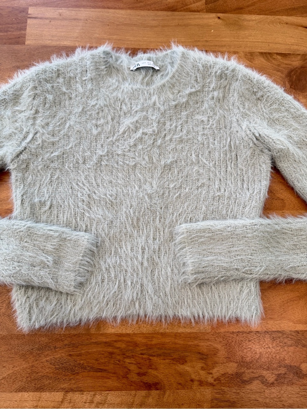 Zara Fuzzy Crewneck Cropped Sweater in Seafoam Gray - Size Small